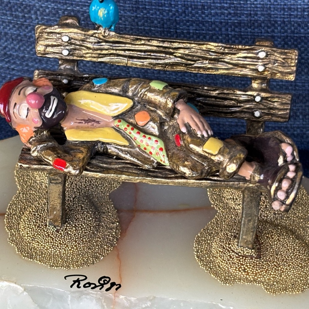 RON LEE Circus Clown “”Sleeping On A Park Bench” 1987 -24 K Gold Signed Vintage